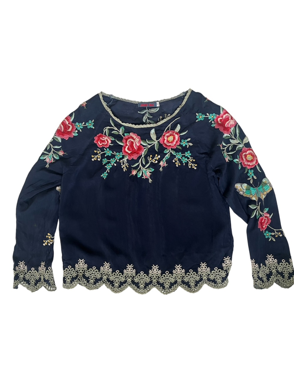 Johnny Was navy embroidered long sleeve blouse small